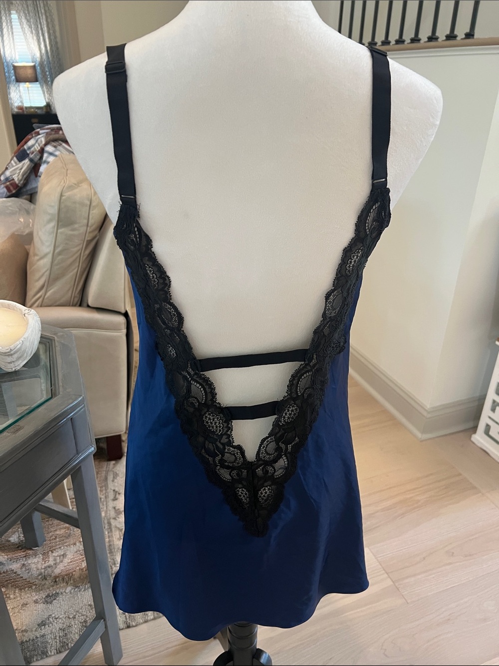Victoria's Secret Navy Satin Chemise with Black Lace - Picture 2 of 3